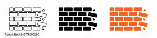 Demolition Brick Wall Icon, Damaged Masonry, Structural Removal, Construction Debris, Renovation Repair, Building Safety Vector Illustration