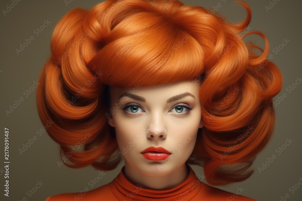 Obraz premium Studio portrait of a fashion model showcasing voluminous, styled red hair and wearing an orange turtleneck dress