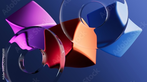 3D Abstract Geometric Shapes Composition with Transparent Glass Discs and Colorful Twisted Cubes