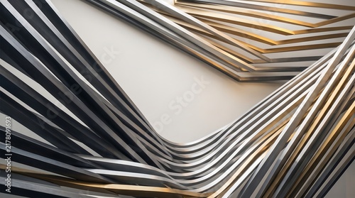 Abstract composition of sleek metallic ribbons curving and reflecting light with metallic abstract structure reflection