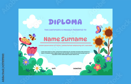 Cute Floral Nature Theme Kids Diploma Certificate Vector