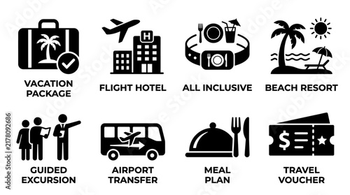 Set of vacation package and travel service icons including beach resort and airport transfer with vacation inclusive excursion transfer collection silhouette illustration transport relaxation