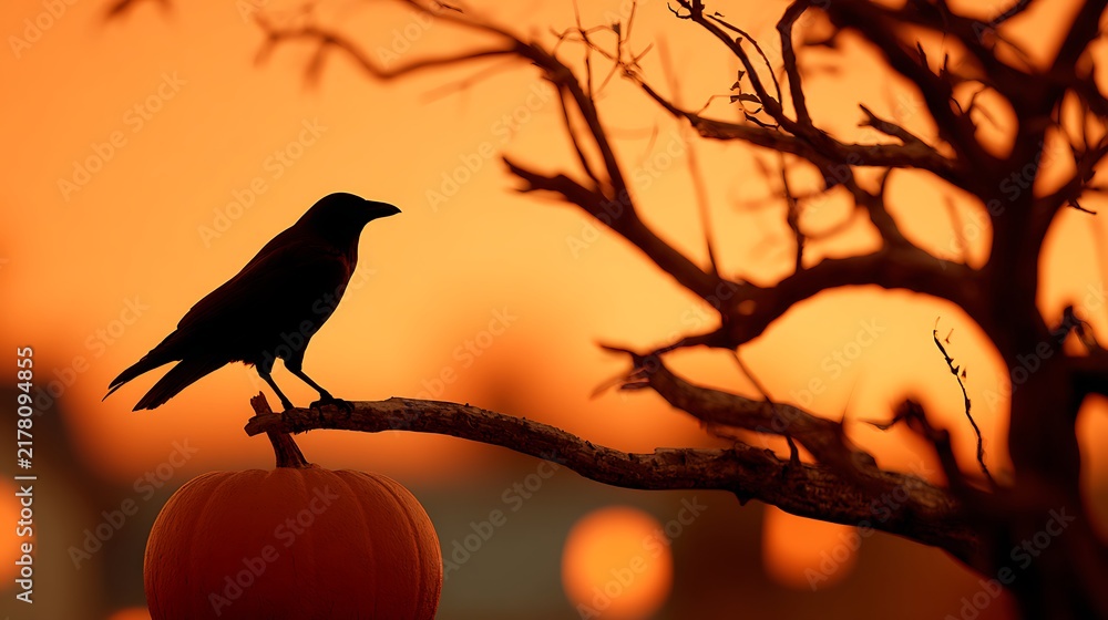 Obraz premium Crow silhouette perched on a jack-o-lantern at sunset