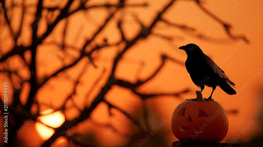 Obraz premium Crow silhouette perched on a jack-o-lantern at sunset