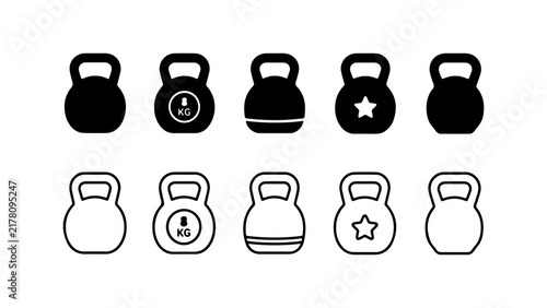 Kettlebell Fitness Equipment Icons in Silhouette and Outline Vector Set