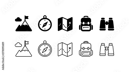 Hiking and Adventure Travel Icon Set in Silhouette and Outline Style