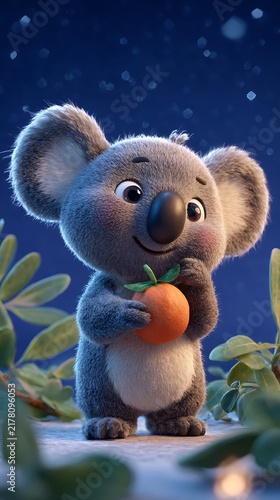 Cute koala hugging a small pumpkin under a starry night