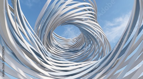 Abstract twisting spiral architectural structure against a bright blue sky background with abstract architecture structure