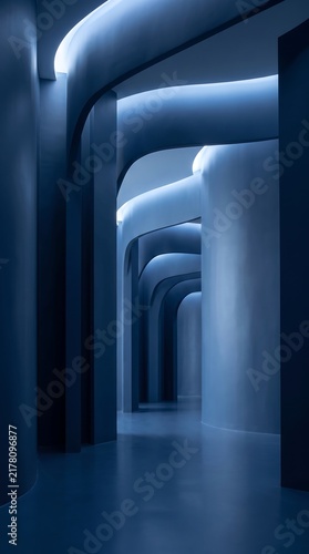 Modern dark blue interior corridor with glowing lights and curved architectural walls interior corridor architecture
