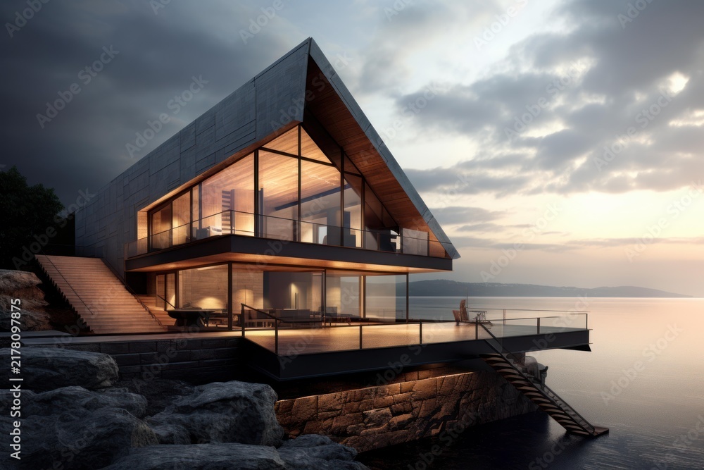 Naklejka premium Contemporary cliffside house with a glass facade and illuminated interiors at dusk