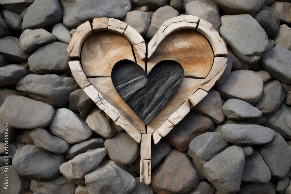 Obraz premium Stone heart sculpture embedded into a textured natural rock wall, symbolizing love and solidity