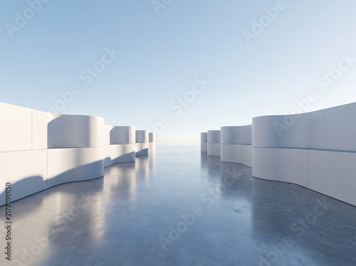 Minimalist architectural concrete blocks under bright blue sky casting sharp shadows on reflective ground with concrete