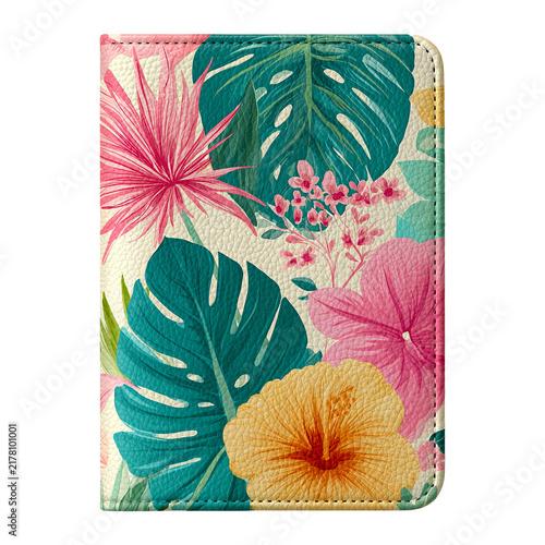 Bright summer passport holder with vivid seasonal colors, realistic detailed texture, isolated studio cutout on transparent background