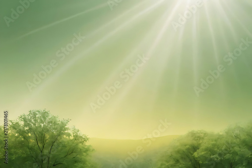 A colab inspired background image of sun ray over the green field.