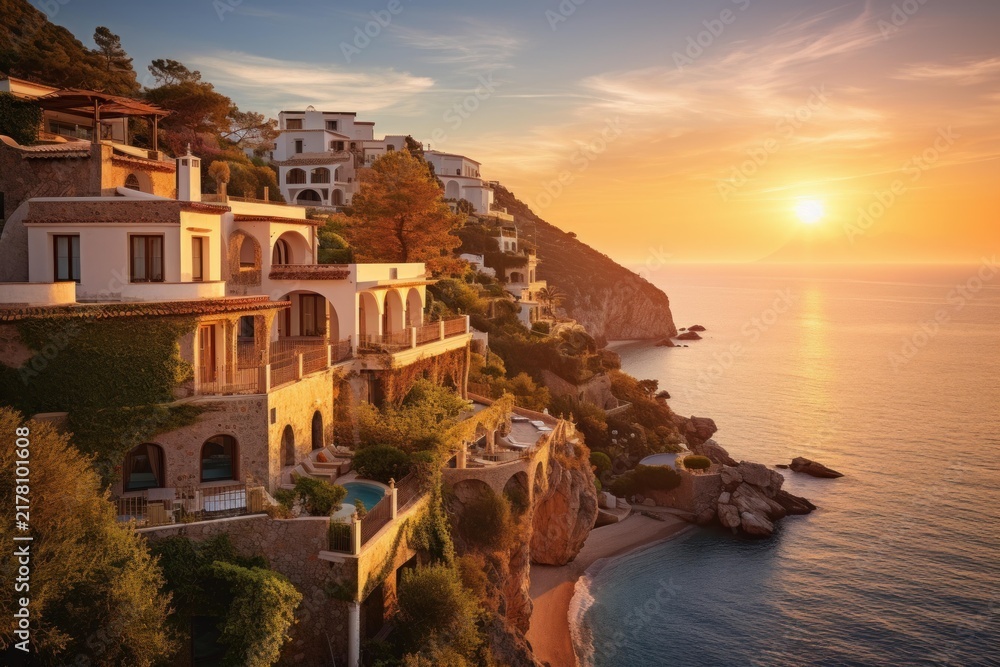 Obraz premium Mediterranean village on cliffside with homes and ocean during golden hour