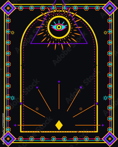 Surreal esoteric tarot vector background with mystical symbols, celestial motifs, and vibrant colors.