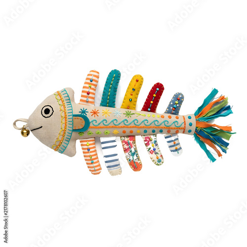 Handcrafted fabric fish toy with colorful embroidery, whimsical textile fish bone ornament, decorative soft plush sea creature