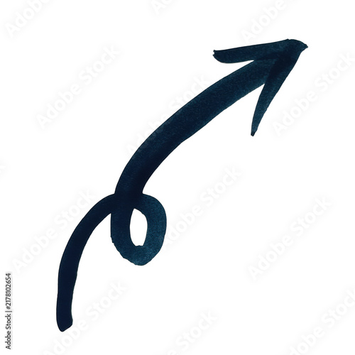A hand drawn dark blue ink arrow with a curly tail pointing up and to the right on a plain simple surface