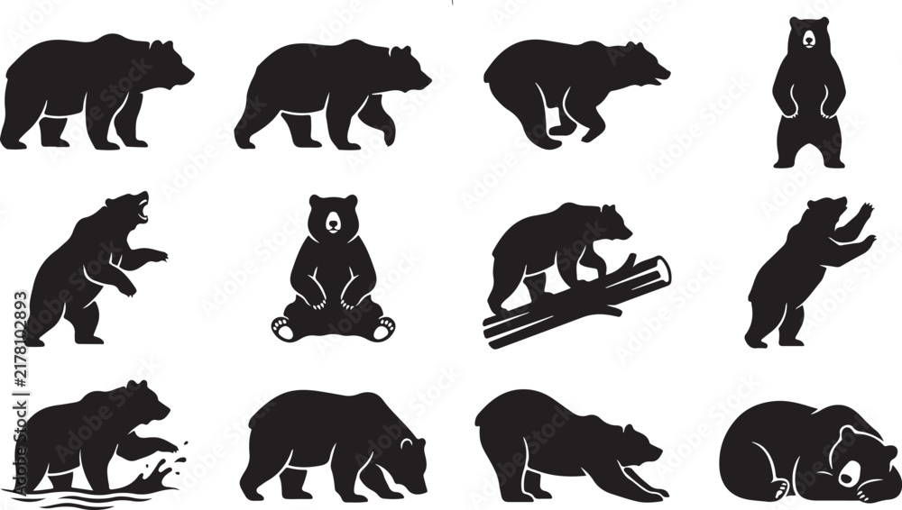 Obraz premium Black bear silhouettes showing various poses and walking postures on white background