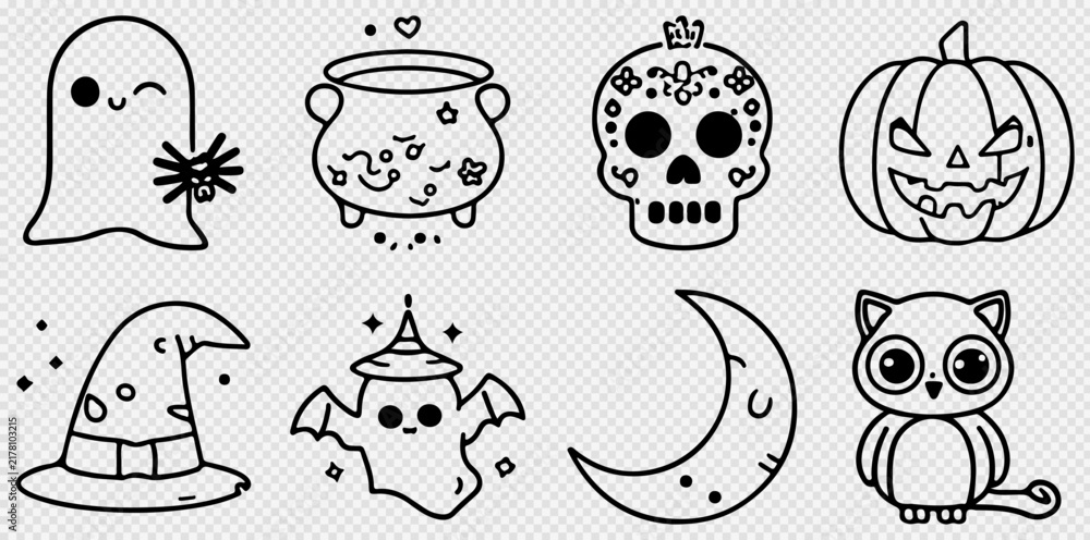 Fototapeta premium Halloween line art icons set, spooky doodle vector collection, black and white holiday illustrations, 8 cute occult stickers