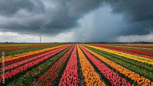 Rows of colorful tulips in agricultural field under dark stormy rain clouds with agriculture colorful blooming