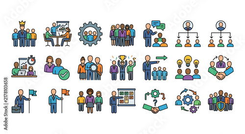 Business teamwork and management flat icons set colorful vector illustration