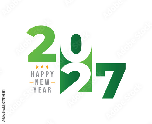 2027 Happy New Year Typography Design with Green Numbers and Orange Star Accents