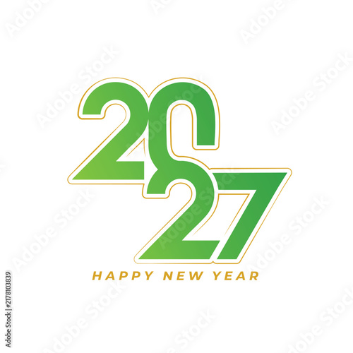 2027 Happy New Year Typography Design with Green Numbers and Gold Outline
