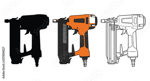 Pneumatic Nail Gun Depicted In Vector Illustration With Silhouette And Outline Variations