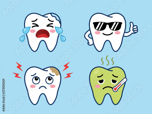 Cartoon Tooth Characters Set Showing Cavities, Toothache, Health, and Bad Breath