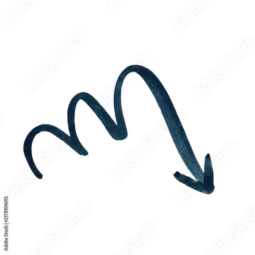 Dark blue hand drawn wavy arrow doodle pointing down with a sketchy artistic watercolor brush texture style