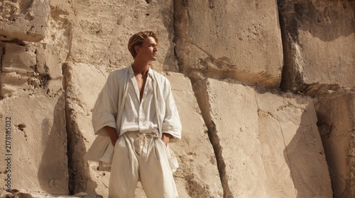 Man in Linen Clothing Outdoors. A young man with blond hair stands against a backdrop of large, rough stone blocks wearing a loose white linen shirt and pants