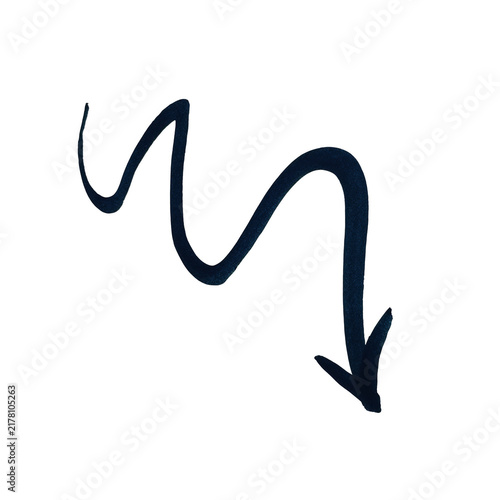 Hand drawn dark blue wavy arrow pointing down as a doodle sketch icon for design projects and web navigation
