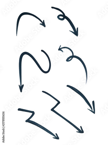 Set of hand drawn dark blue arrows with various shapes including curves swirls and zigzag lines for design work