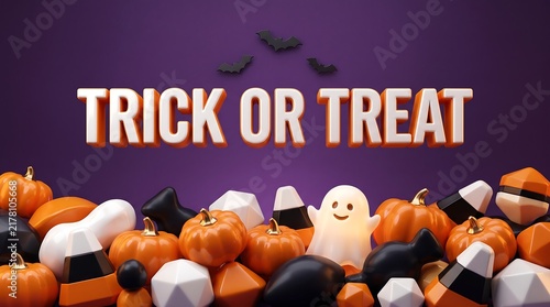 Trick or treat halloween background with small pumpkins ghost figures and sweet treats along border small pumpkin ghost figure candy corn spooky decoration october holiday autumn festival