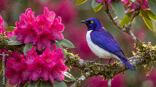 An exquisite vibrantly colored bird resting gracefully on a branch surrounded by blooming pink flowers, capturing the essence of joyful and lively nature.
