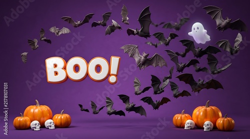 Boo halloween concept with swarm of black bats flying around white ghost and glowing pumpkins carved pumpkin human skull purple background 3D illustration orange pumpkin glowing eyes halloween