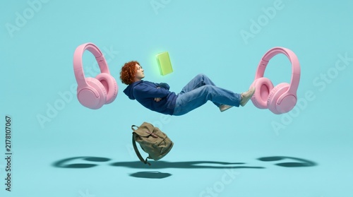 Surreal pop art of floating student reading glowing book between giant pink headphones