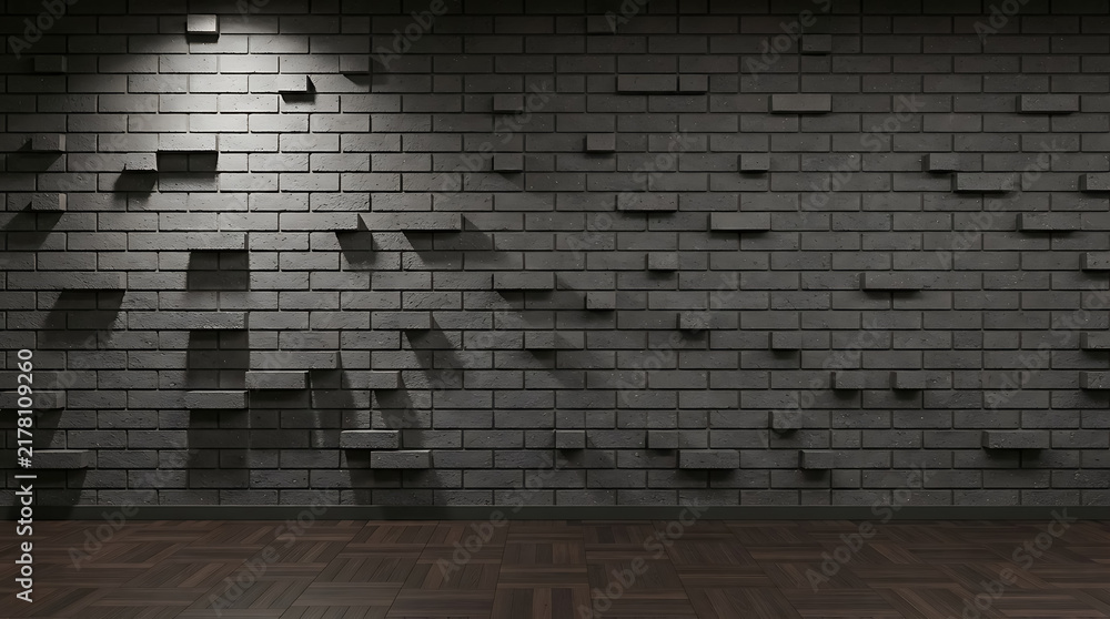 Fototapeta premium Old brick wall texture with a bright spotlight shining on the stone surface in a dark urban environment