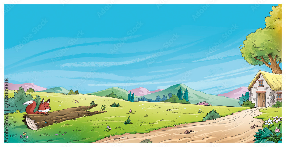 Obraz premium Illustration of a country house in a valley with mountains, children's background