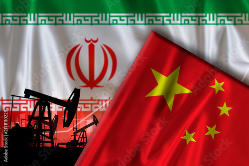 Chinese and Iranian flags with oil pump jacks. China and Iran oil industry concept