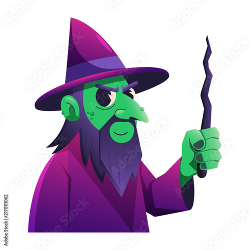 фотографія Green Wizard Cartoon Character Holding Magic Wand, Flat Vector