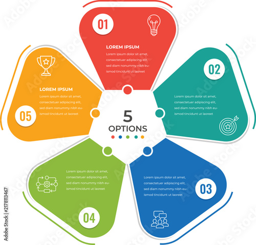 Creative Five Step Infographic Template with Colorful Circular Options, Modern Business Process Diagram, Workflow Presentation, Strategy Planning, Marketing Analysis and Corporate Information Design