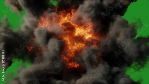 A fiery explosion with dark smoke erupts against a green background.