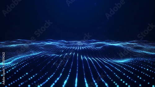 Abstract futuristic digital landscape of glowing blue particles forming waves and lines.