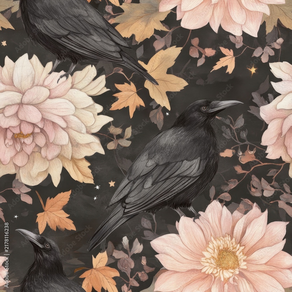 Obraz premium Black Ravens with Pink Flowers and Autumn Leaves on Dark Vintage Botanical Background, Seamless Pattern