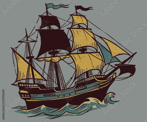 Bild auf Leinwand Vintage Hand Drawn Sailing Ship Illustration On Ocean Waves
