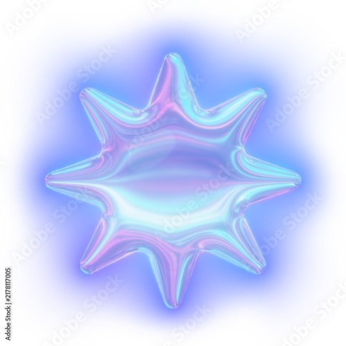 Soft glowing eight point star 3d spark with neon bloom light in y2k style