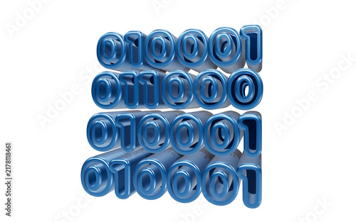 Binary Code Typography: Three-dimensional blue digital text, formed by binary digits, represents the essence of technology and data.