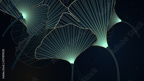 Elegant Ginkgo Biloba leaves featuring glowing gold and teal radiance for a sophisticated luxury background